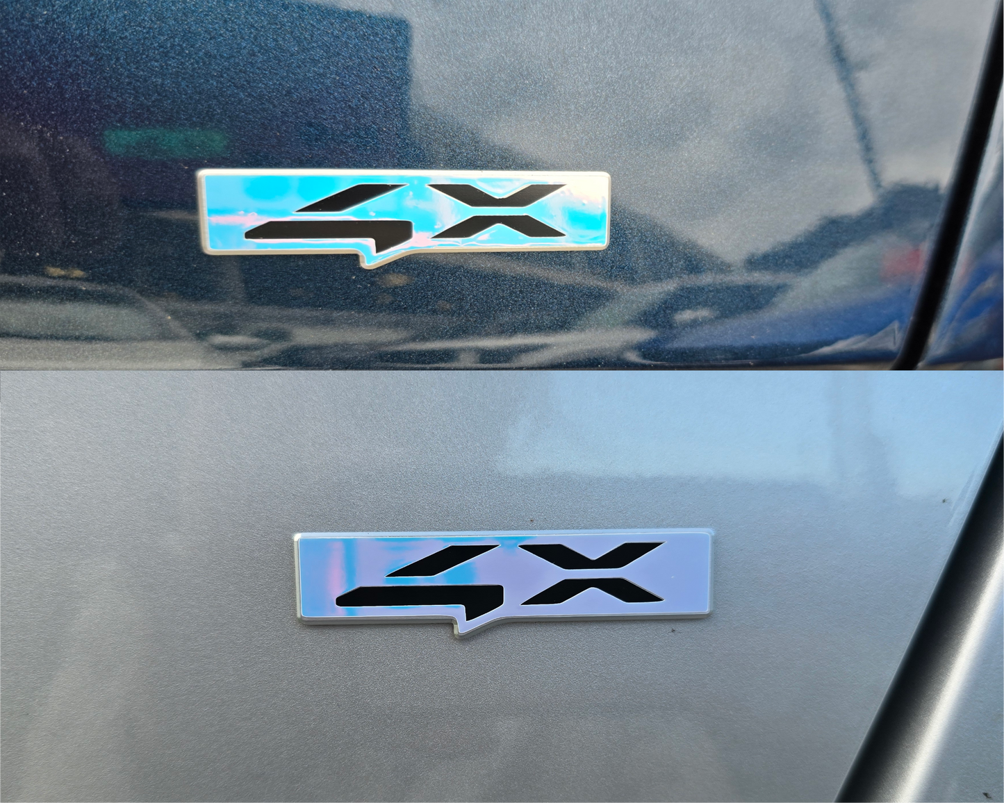 Two '4X' decals on a car's surface with reflections.