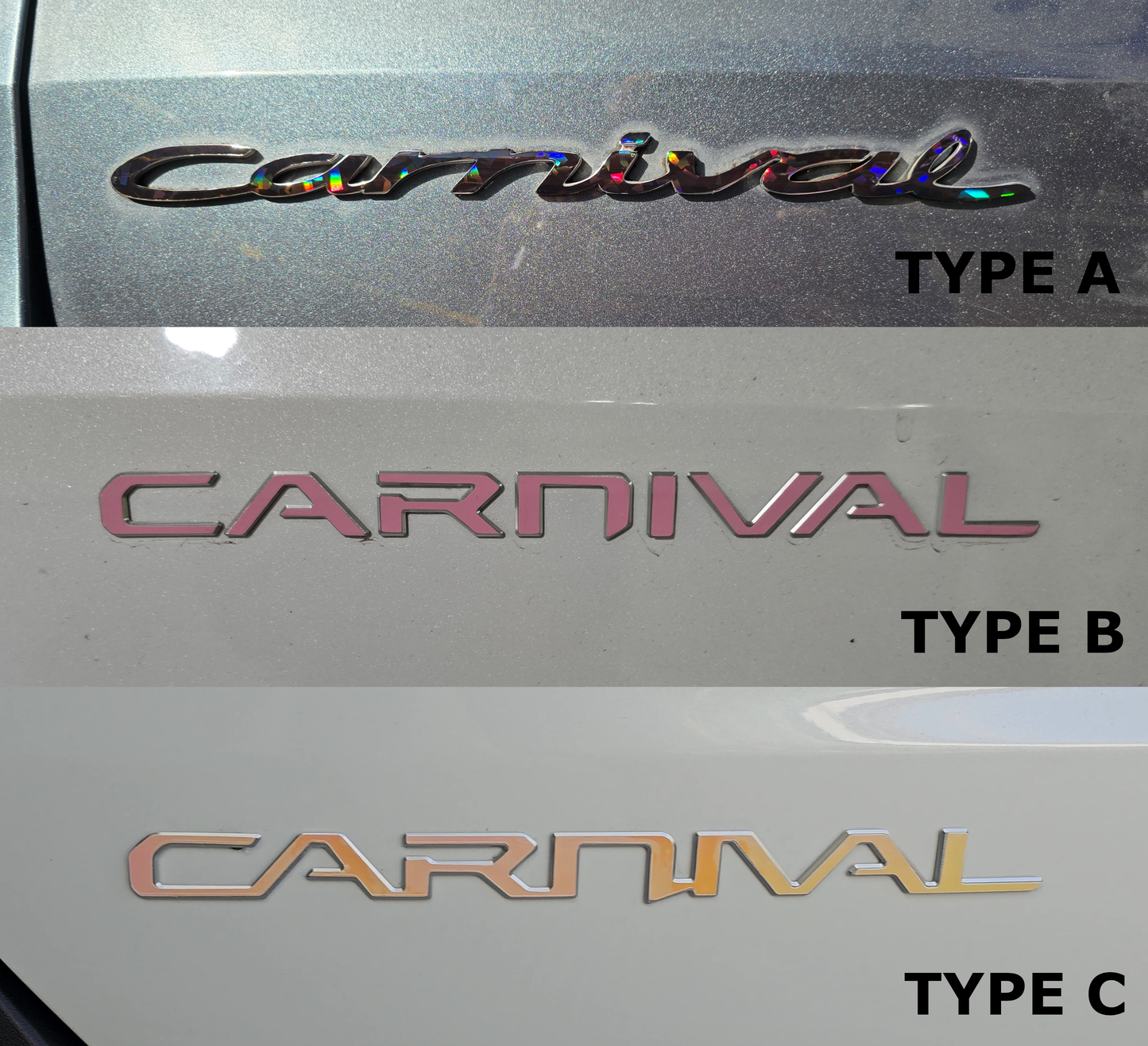 Three different types of 'Carnival' logo on a vehicle, labeled A, B, and C.