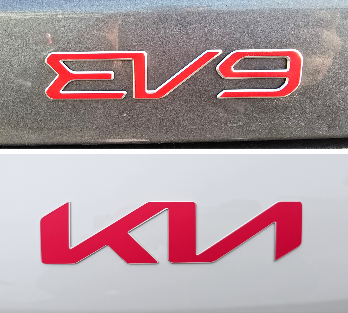 Red 'EV9' overlay and 'Kia' emblem overlay on a car's metallic surface.