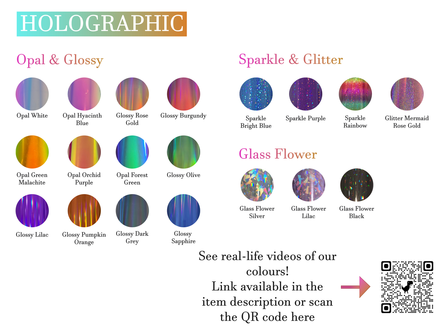 Color swatch chart for holographic finishes with opal, glossy, sparkle, glitter, and glass flower effects.
