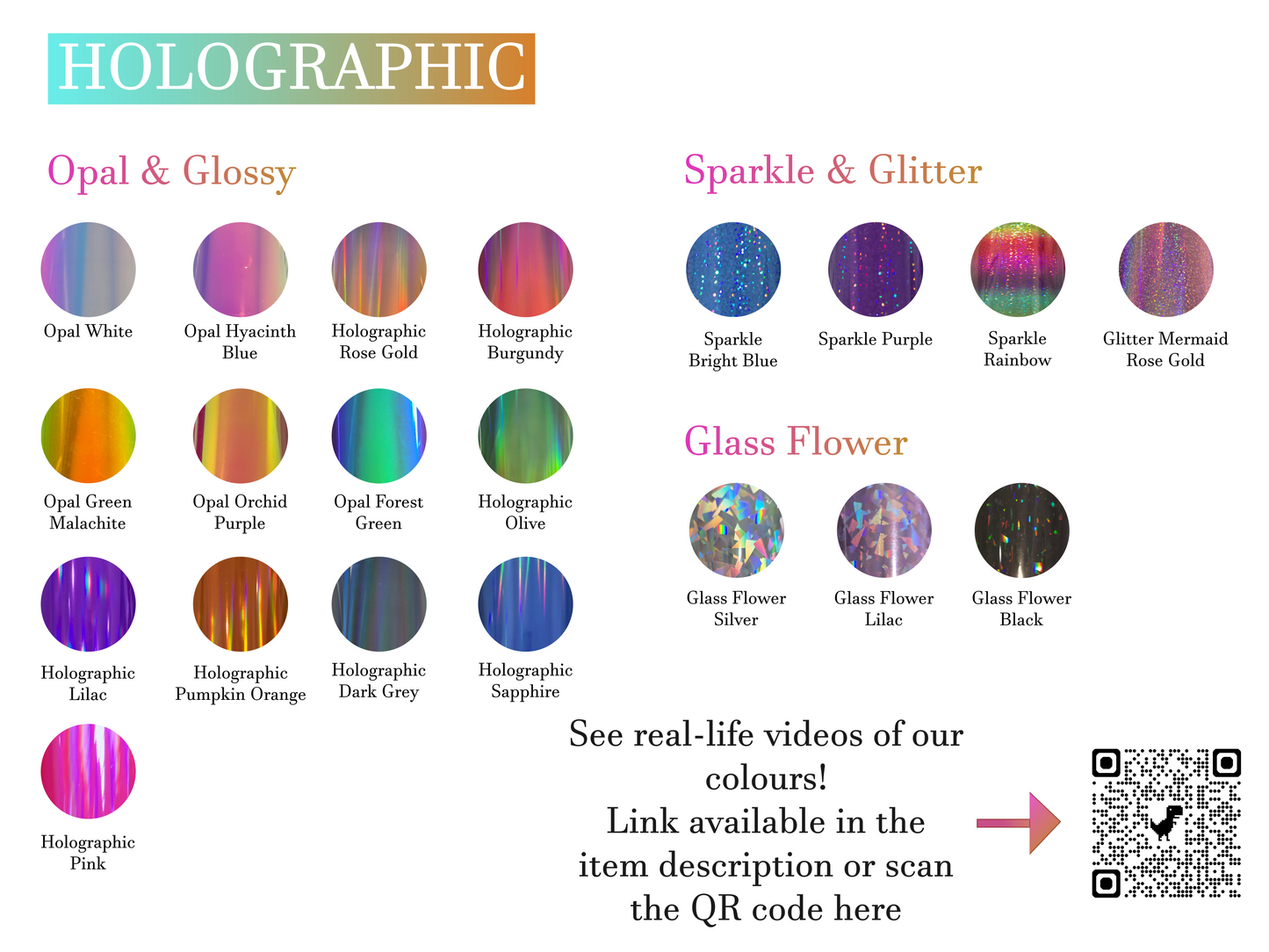 Color swatch chart for holographic finishes with opal, glossy, sparkle, glitter, and glass flower effects.