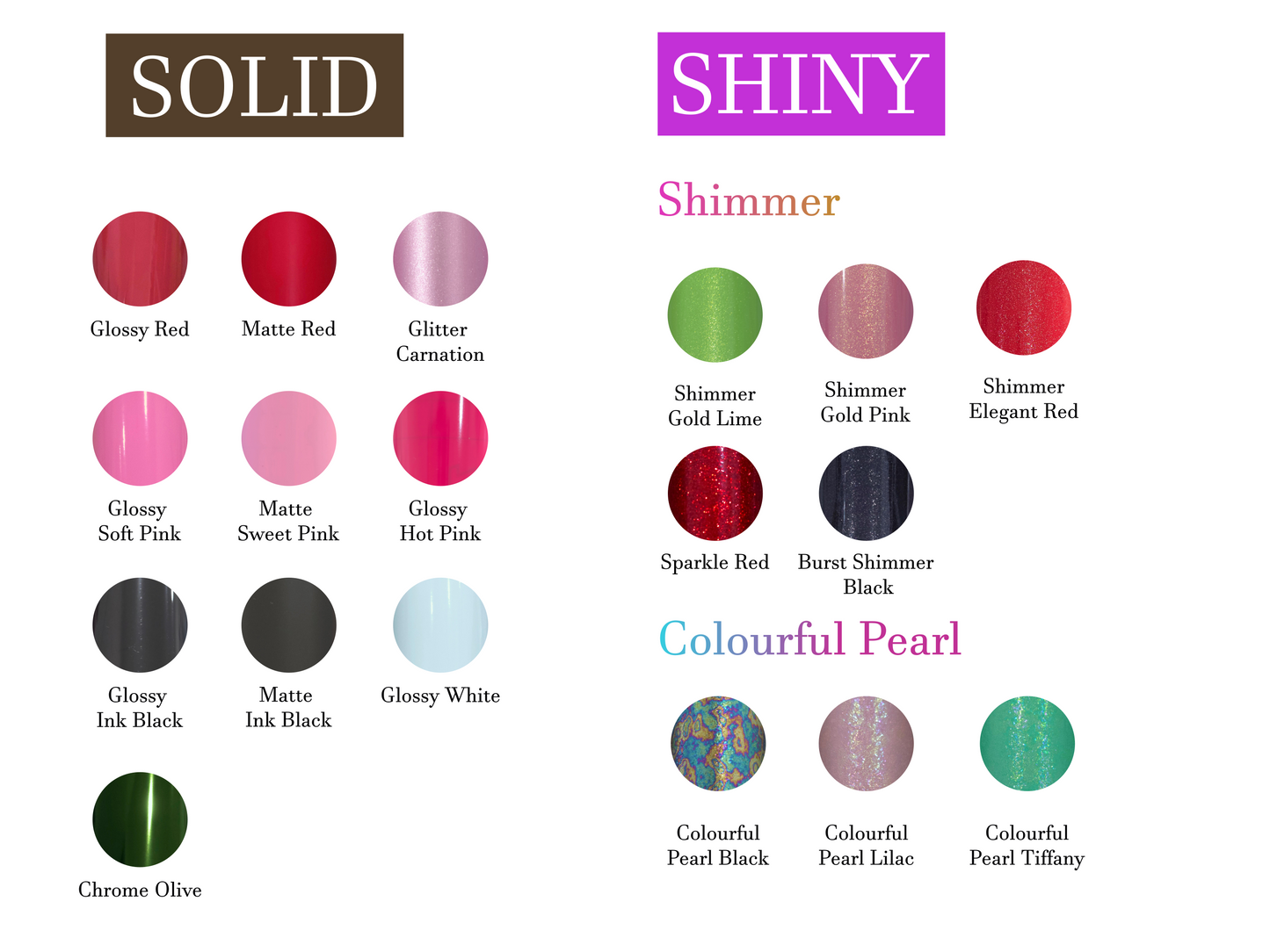 Color swatches labeled as 'Solid', 'Shiny', and 'Shimmer' with various color options.