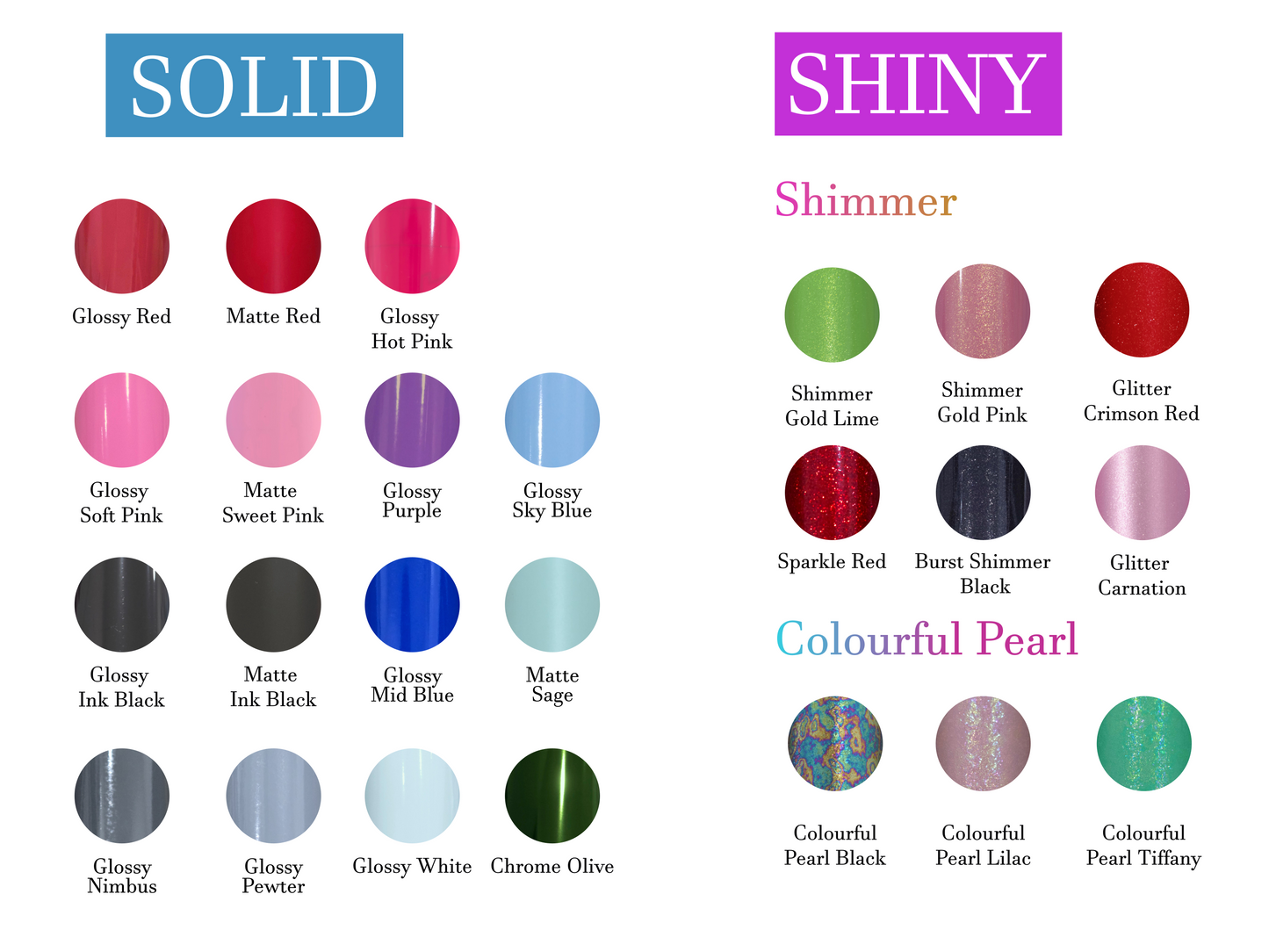 Color swatches labeled as 'Solid', 'Shiny', and 'Shimmer' with various color options.