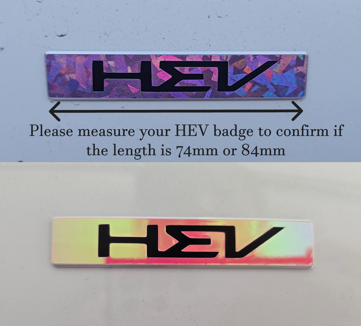 Two HEV badges with measurement instructions on a light blue background