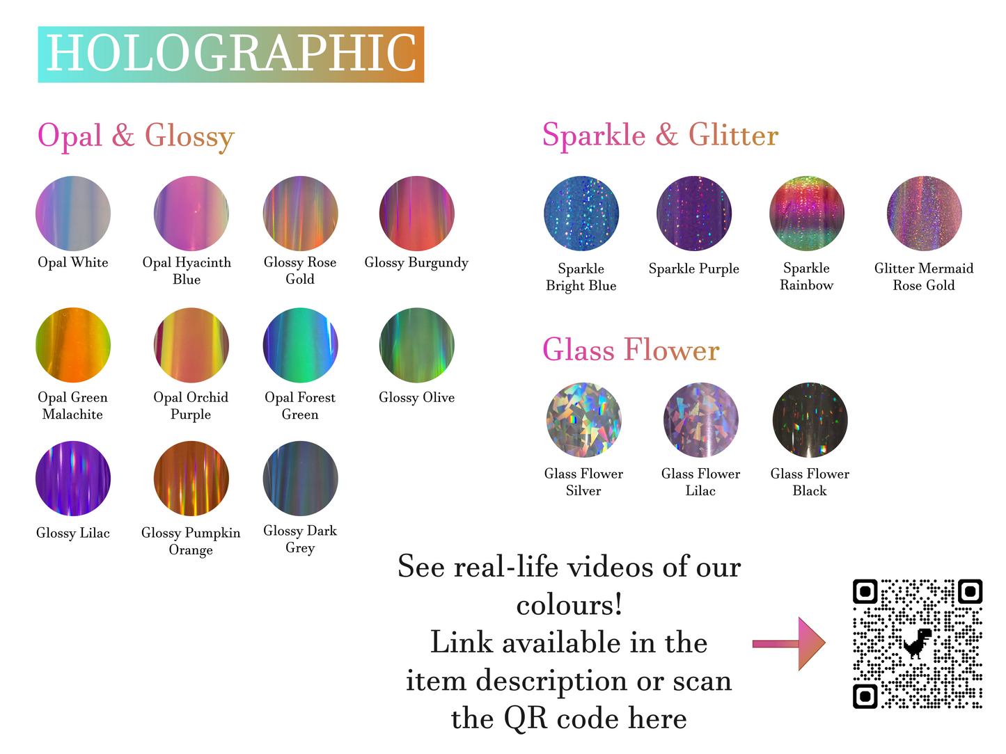 Color swatch chart for holographic finishes with opal, glossy, sparkle, glitter, and glass flower effects.