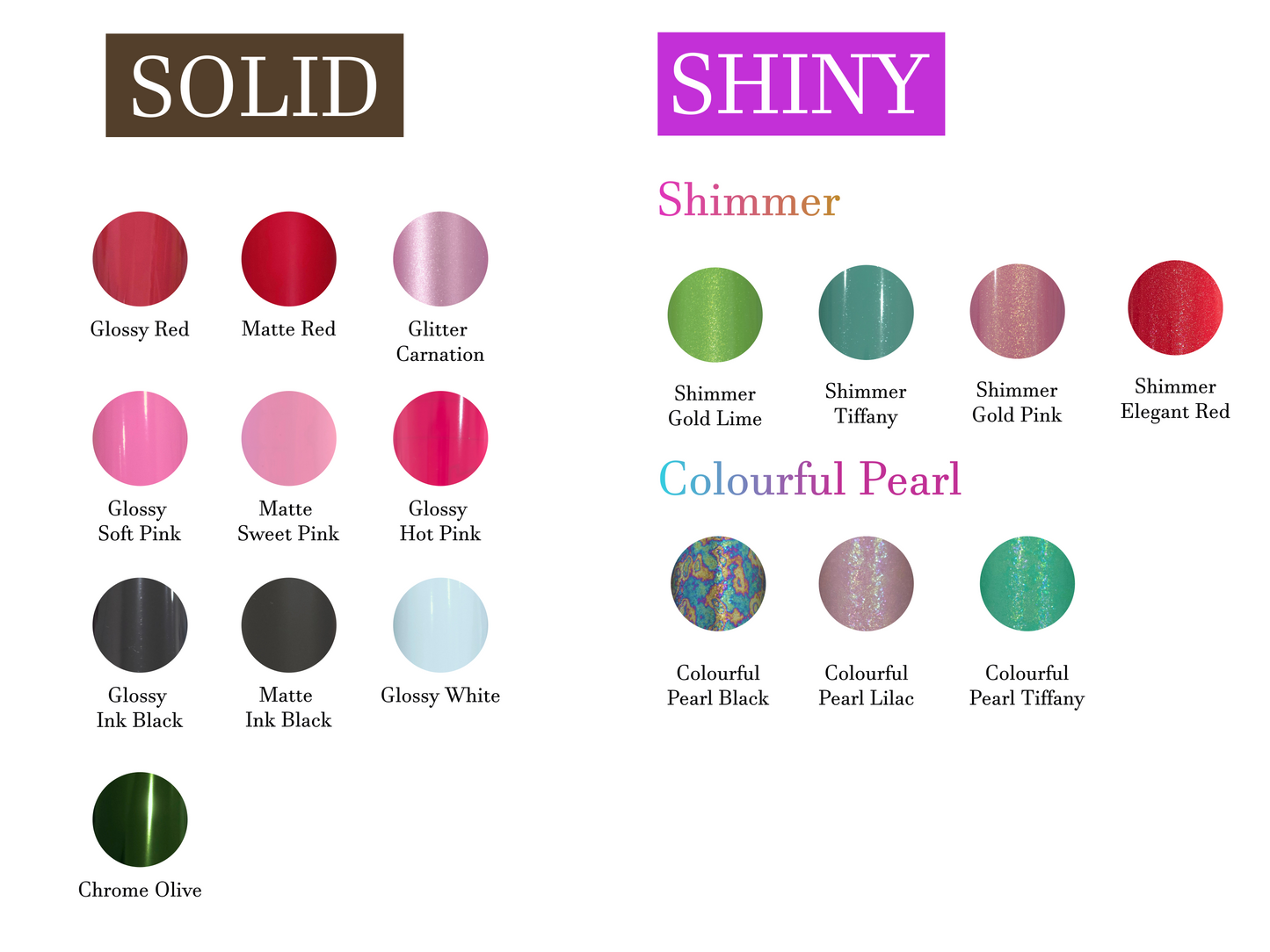 Color swatches labeled as 'Solid', 'Shiny', and 'Shimmer' with various color options.
