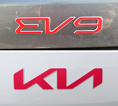 Red 'EV9' overlay and 'Kia' emblem overlay on a car's metallic surface.