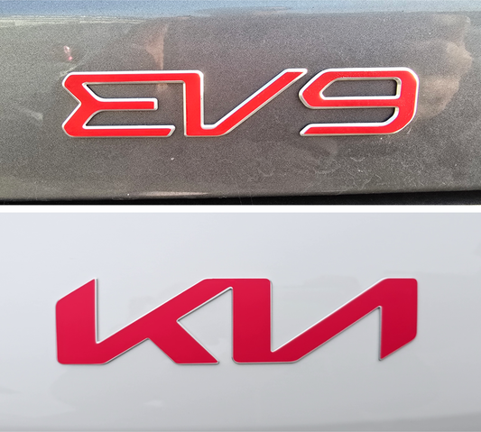 Red 'EV9' overlay and 'Kia' emblem overlay on a car's metallic surface.